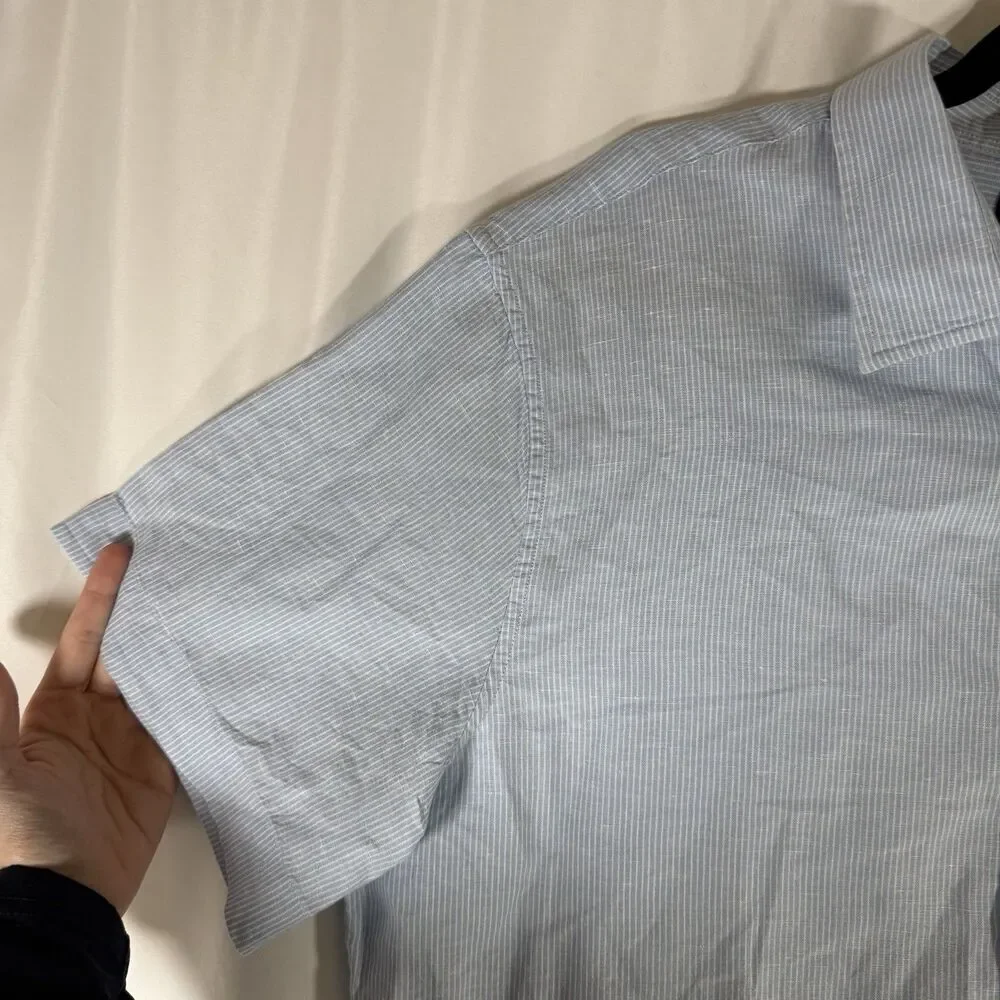 Banana Republic Linen Blend Shirt Men's XL Blue Striped Button Up Short Sleeve